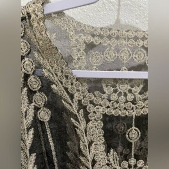 Vintage Embroidered Lace Black Top Festival Gold Trim Whimsigoth Long Sleeve - Picture 4 of 5